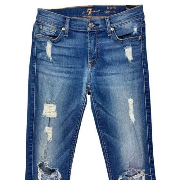 7 For All Mankind The Skinny Ankle Jeans Womens 27 Mid Rise Ripped Distress Pant - Picture 2 of 14